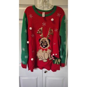 Holiday Time Women's Reindeer Pug Ugly Christmas Sweater, Size 2X